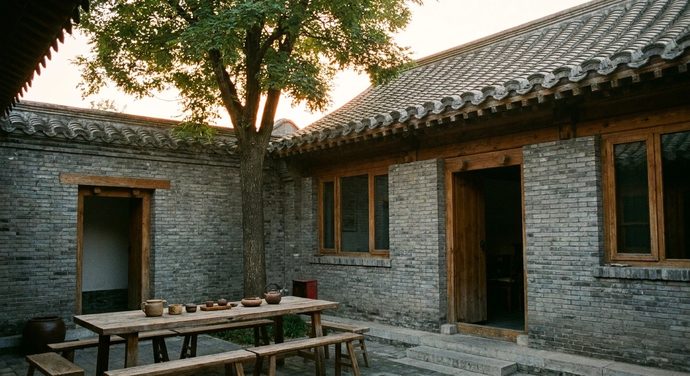 四合院沙龙现场，天井长桌茶席